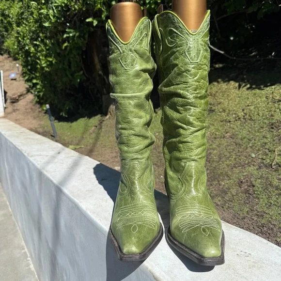 Steve Madden Saddle Green Leather Slouchy Western Cowboy Boots Womens 9B Brazil - Picture 2 of 13